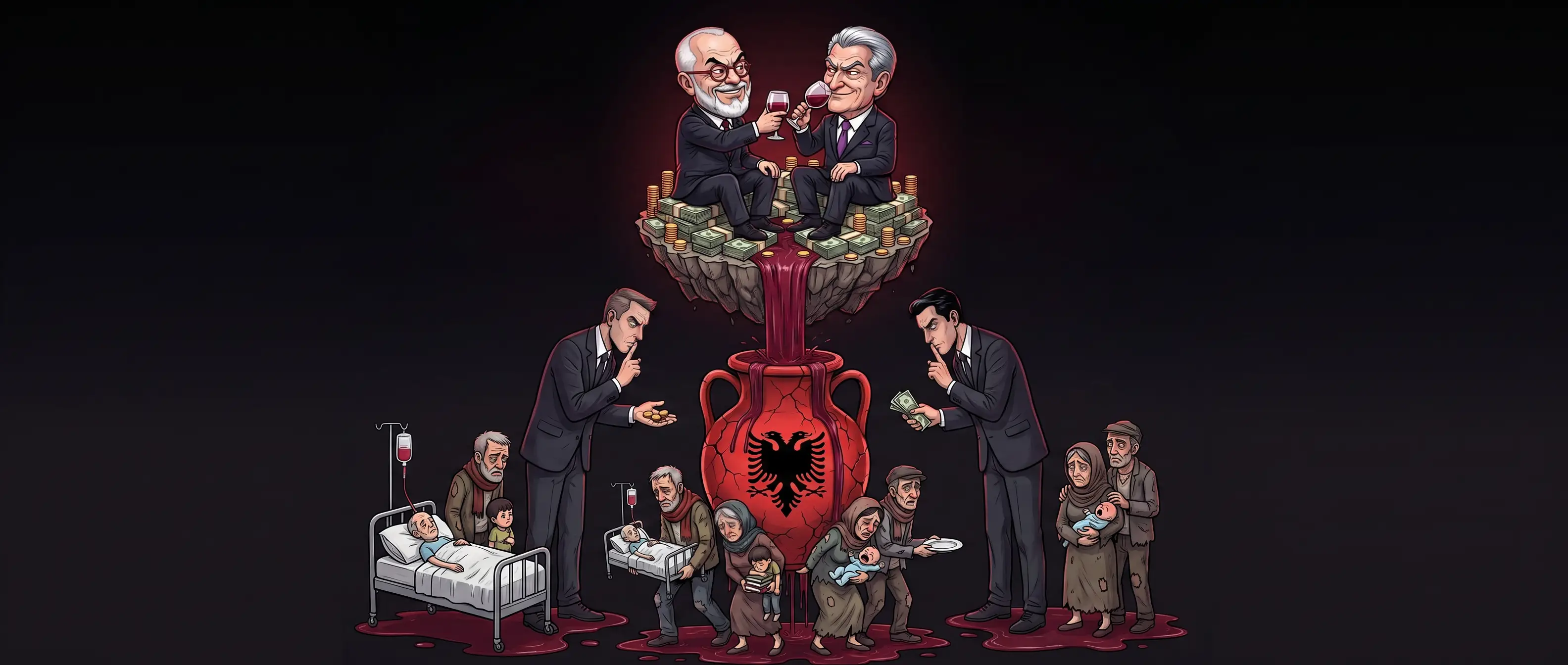 Dy politikanë duke ngritur dolli mbi një grumbull parash, ndërsa gjaku derdhet në një amforë me flamurin shqiptar që po çahet.